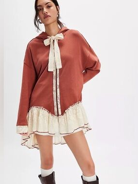 Free People Flower Child Cardi Red Cedar Lace Ruffle Hoodie Cardigan Size M NWT
